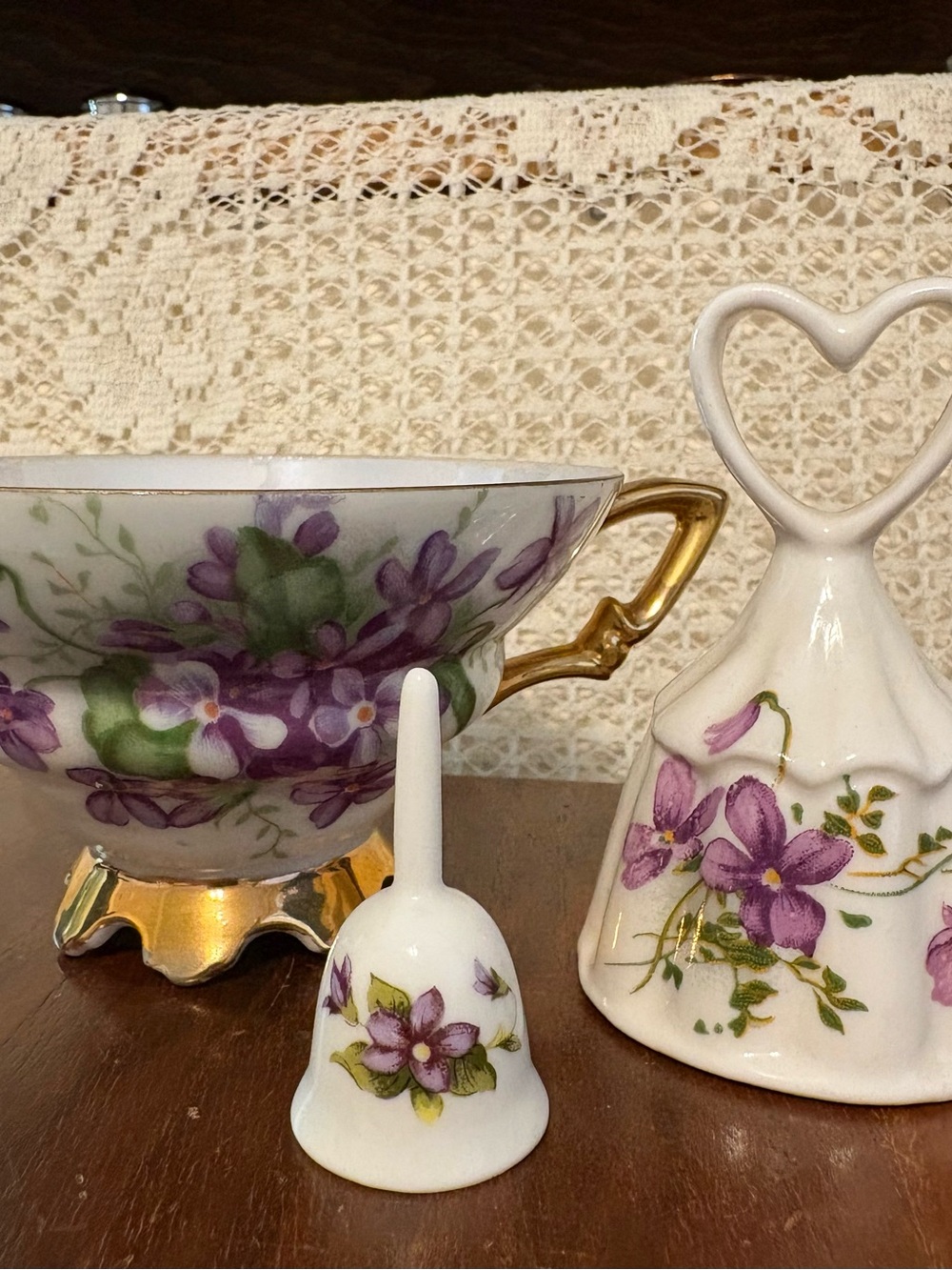 Vintage Violets Teacup, Bell, & Mini Bell Set - February